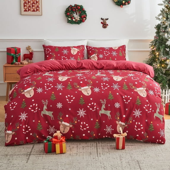 Gogreen Queen Duvet Cover Floral, Soft & Breathable Microfiber 3 Pieces Queen Bedding Sets, Pattern Queen Comfy Duvet Cover, with Zipper Closure (Christmas Elk, Queen)