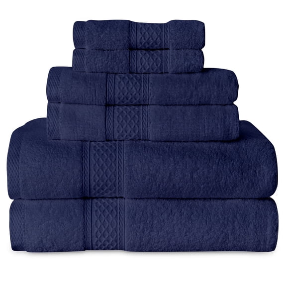 Gogreen Bath Towel Sets of 6 Pieces, 2 Bath Towels 2 Hand Towels 2 Washcloths, 100% Cotton Highly Absorbent Towels for Bathroom, Gym, Hotel (Dark Blue)