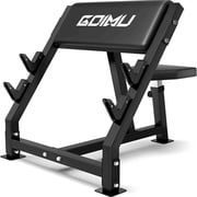 Goimu Preacher Curl Bench, Seated Arm Isolated Barbell Dumbbell Bicep Station, Adjustable Bicep Curl Machine with 2 Bar Holders,Dumbbell Holder for Home Gym