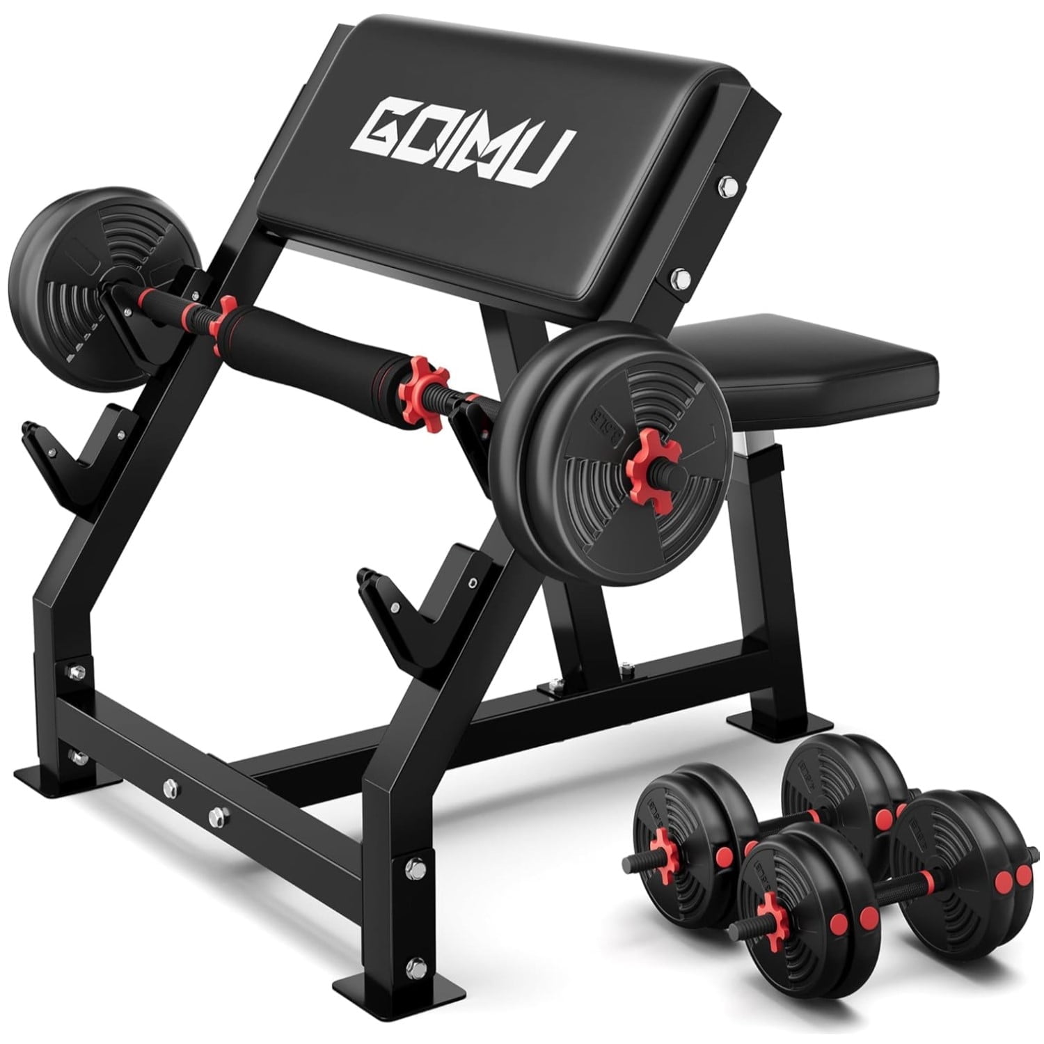Goimu Preacher Curl Bench, Seated Arm Isolated Barbell Dumbbell Bicep Station, Adjustable Bicep Curl Machine with 5 Bar Holders,Dumbbell Holder for Home Gym