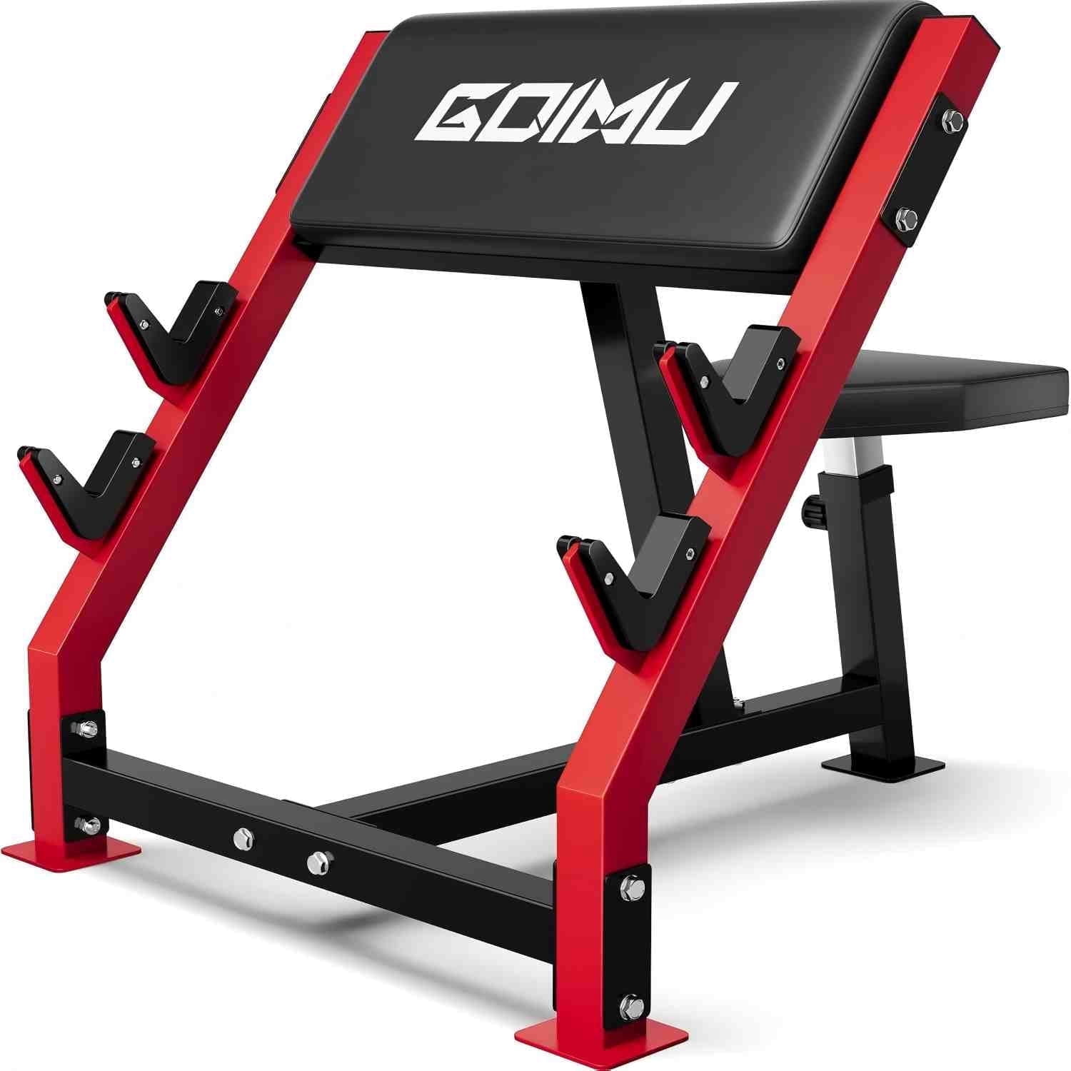 Goimu Preacher Curl Bench, Seated Arm Isolated Barbell Dumbbell Bicep Station, Adjustable Bicep Curl Machine with 6 Bar Holders,Dumbbell Holder for Home Gym