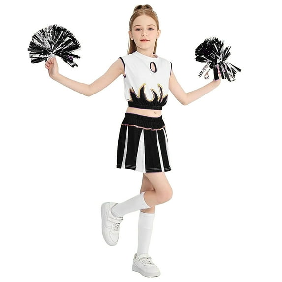 Goindgs Big Girls Cheerleading Dress Activewear Sleeveless Uniform Fancy Dress Carnival Party Women Cheerleader Dress for Child Girls Z1-Black 10-11 T