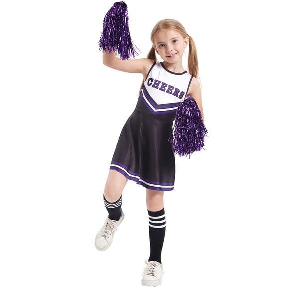 Goindgs Cheerleader Dresses Set for Girls,Cute Cheer Uniform Outfit with Accessories for Kids Carnival High School Cheerleader Dress Up Z3-Black 7-8 T