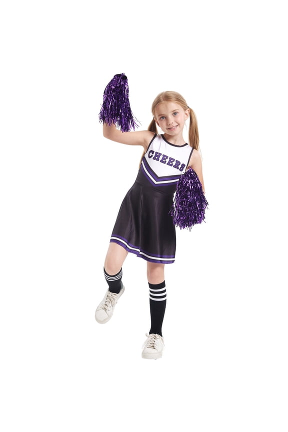 Cheerleader Dresses Set for Girls,Cute Cheer Uniform Outfit with Accessories for Kids Carnival High School Cheerleader Dress Up Z3-Black 7-8 T