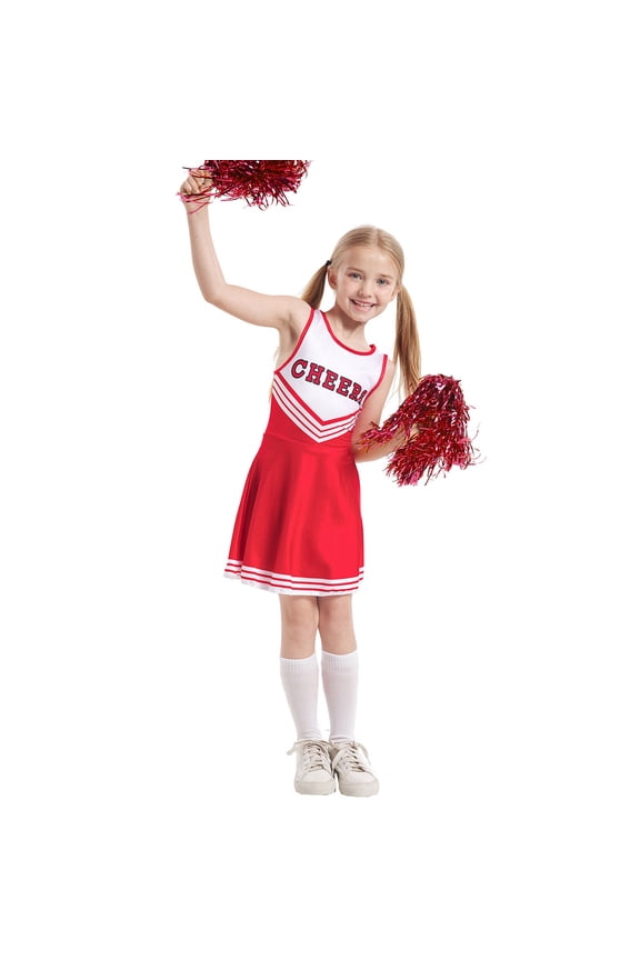 Cheerleader Dresses Set for Girls,Cute Cheer Uniform Outfit with Accessories for Kids Carnival High School Cheerleader Dress Up Z3-Red 3-4 T