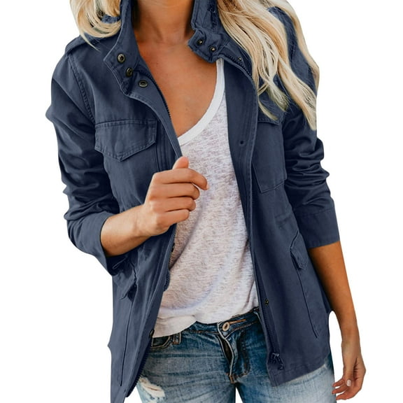 Goindgs Coats for Women Shacket Jacket Daily Fall Long Sleeve Solid Color Zipper Waistband Cool Lapel Jacket Fashion Casual Jackets Dark Blue-XXL