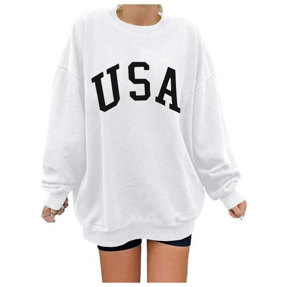 Goindgs Crewneck Sweatshirts Women "USA" Letter Print Cute Sweatshirt Casual Fall Winter Long Sleeve Hoodless Pullover Loose Tops for Womens White XXL