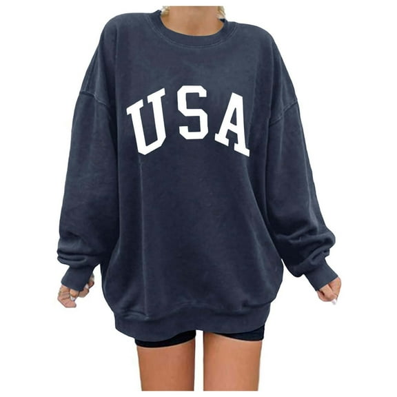Goindgs Crewneck Sweatshirts Women "USA" Letter Print Cute Sweatshirt Casual Fall Winter Long Sleeve Hoodless Pullover Loose Tops for Womens Z1-Navy M