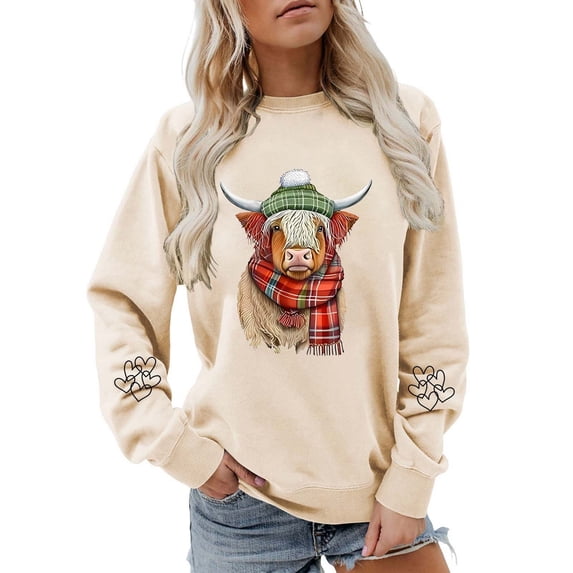 Goindgs Fall and Winter Sweatshirts for Women Cow Graphic Long Sleeve Pullover Crew Neck Loose Hoodless Soft Casual Women's Shirts B-Beige S
