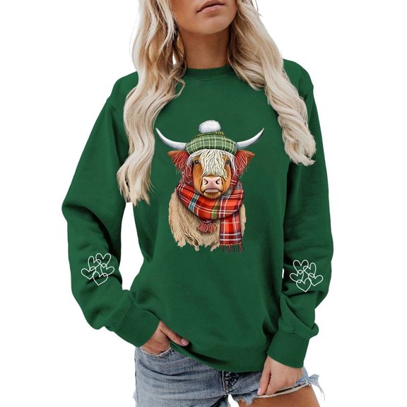 Goindgs Fall and Winter Sweatshirts for Women Cow Graphic Long Sleeve Pullover Crew Neck Loose Hoodless Soft Casual Women's Shirts B-Dark Green M