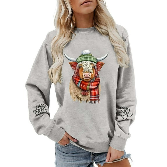 Goindgs Fall and Winter Sweatshirts for Women Cow Graphic Long Sleeve Pullover Crew Neck Loose Hoodless Soft Casual Women's Shirts B-Light Gray M