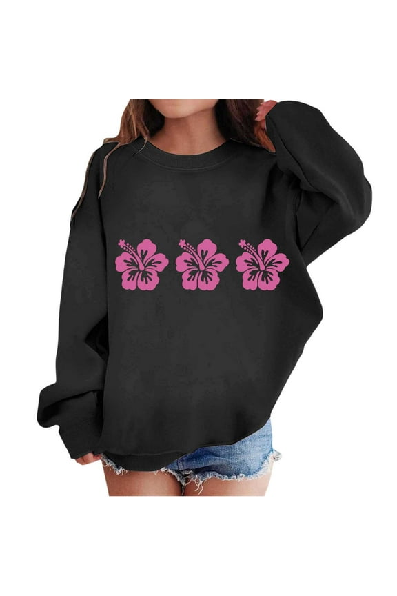 Girls 2025 Sweatshirt Tween Fall Tops Floral Printed Sweater Shirt Round Neck Hoodless Drop Shoulder Loose Pullover Top Tops Cute Hooded Sweatshirt Tween Girl Black-10-11 T