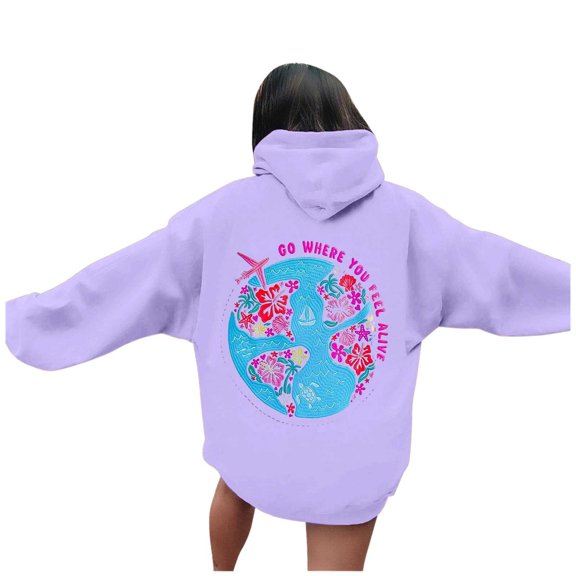 Goindgs Hoodies for Women Sweatshirts Jackets Letter Floral Embroidery Long Sleeved Drop Shoulder Pullover with Pockets Trendy Jackets Winter Outfits Purple-XXL