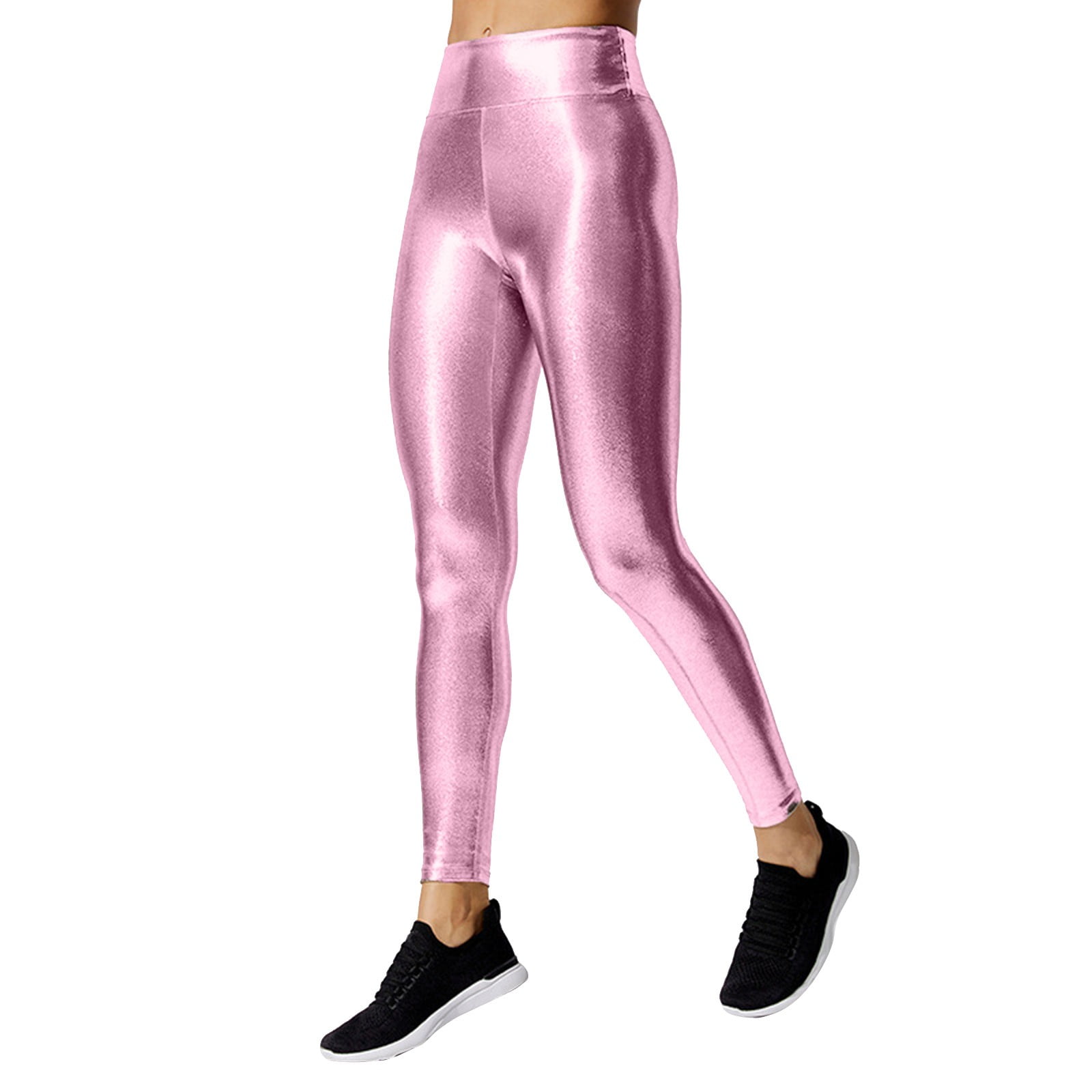 Goindgs Jeggings for Women Pull On Stretchy Faux Leather Sexy High Waisted Solid Color Metallic Tights Yoga Pencil Tight Pink S