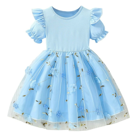 Goindgs New Girls Dresses Little Girls Short Sleeves Casual Floral Printed with Mesh Birthday Dress With Tutu Skirt Dresses For Kids Girls Blue 3-4 T