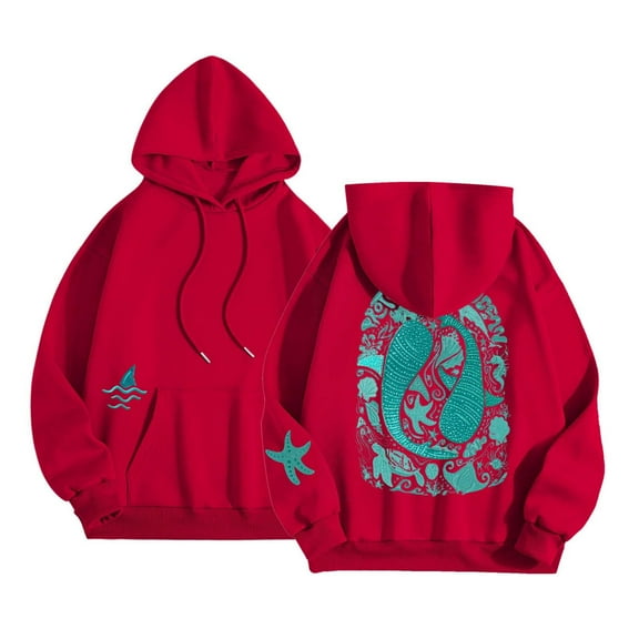 Goindgs Oversized Sweatshirt for Women Loose Beach Letter Duplex Printed Long Sleeved Pullover Hoodie with Pockets Pullover Sweatshirts Fall Outfits Red-XXL