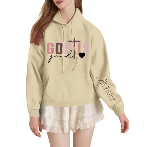 Goindgs Oversized Sweatshirt for Women Hoodie Teen Girls Cute Letter Drawstring Hooded Long Sleeve Sweatshirts Women's Comfort Hoodies Z1-Beige-S
