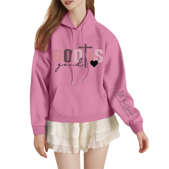 Goindgs Oversized Sweatshirt for Women Hoodie Teen Girls Cute Letter Drawstring Hooded Long Sleeve Sweatshirts Women's Comfort Hoodies Z1-Pink-L