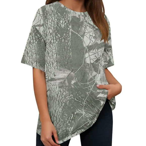 Short Sleeve Shirts for Women Summer Tops 2025 Spring Camouflage Fashion Print Casual Pullover Crew Neck Oversize Loose Fit Tees Shirts Green-S