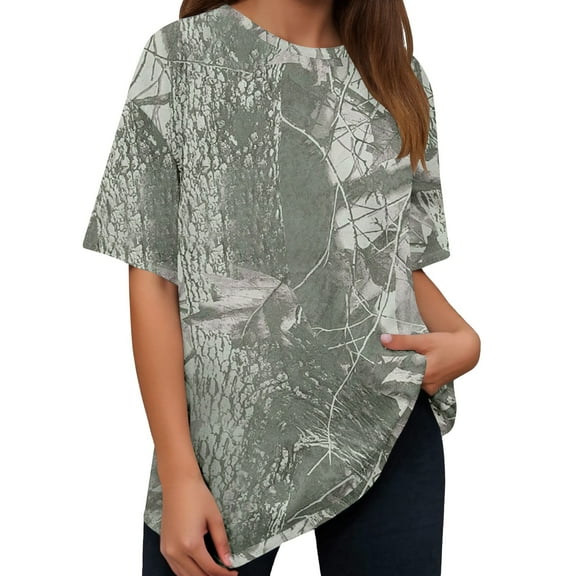 Goindgs Short Sleeve Shirts for Women Summer Tops 2025 Spring Camouflage Fashion Print Casual Pullover Crew Neck Oversize Loose Fit Tees Shirts Green-S