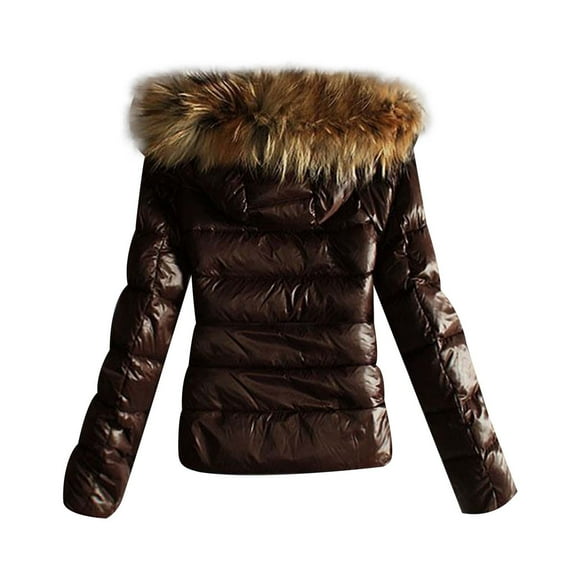 Goindgs Streetwear Women's Puffed Jacket Autumn and Winter Down Warm Quilted Padded Thick Solid Color Hooded Coat Casual Lapel Jackets Brown-L