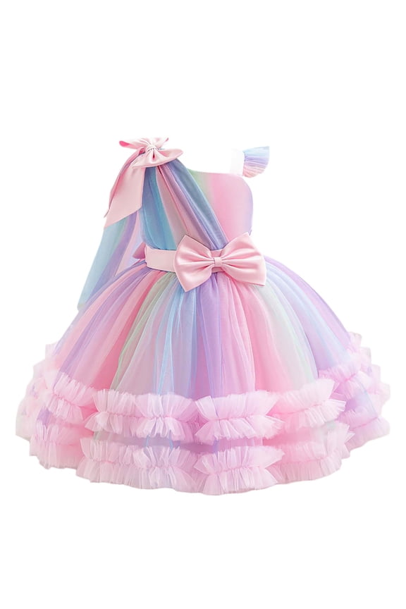 Goindgs Summer Dresses for Girls 2025 Rainbow Tutu with Ribbon Square Neck Fly Sleeveless Ruffled Bowknot Layered Birthday Dress Children 's Sundress Z2-Pink 3-4 T