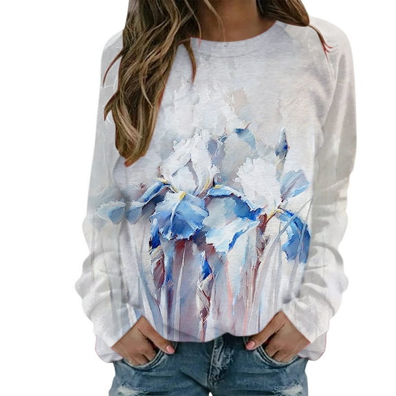 Goindgs Sweatshirt Womens Floral Print Oversized Sweatshirts Round Neck Long Sleeve Hoodies Shirts Multicolor Raglan Basic Women's Tees Fall Fashion Z1-White M