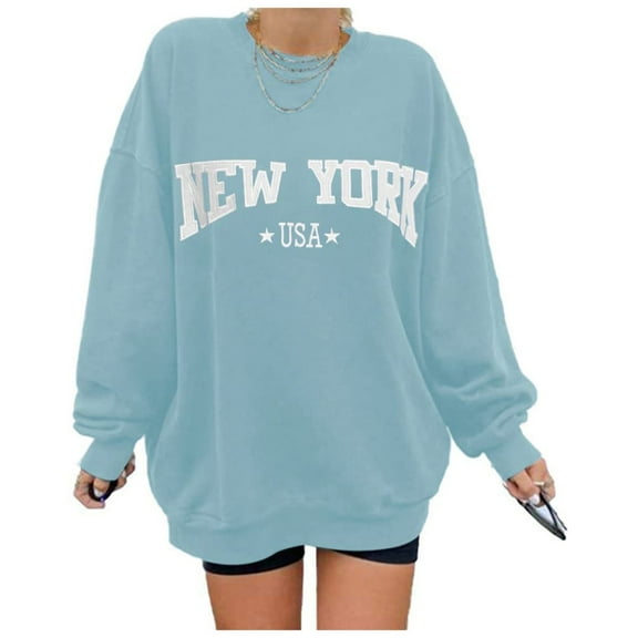 Goindgs Sweatshirts for Women "New York" Letter Print Oversized Sweatshirt Crew Neck Top Long Sleeve Workout Fall Clothes Women's Hoodless Sweatshirts Light Blue XXL