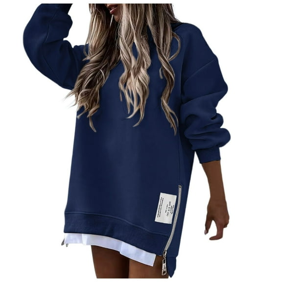 Goindgs Sweatshirts for Women Crew Neck Pullover Tops Long Sleeve Solid Sweat Shirts Fall Drop Shoulder Sweatshirts Ladies Loose Hoodie Blue-M