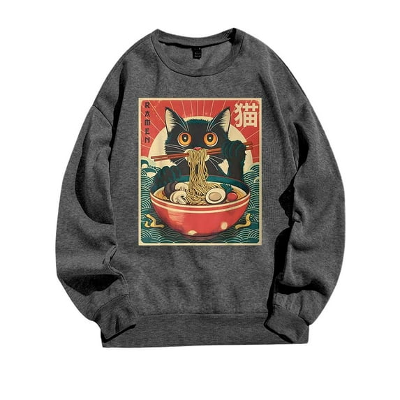 Goindgs Sweatshirts for Women Vintage Cat Ramen Noodle Japanese Anime Kawaii Cat T-Shirt, Hoodie, Sweatshirt Birthday Gifts Z2-Grey XXL