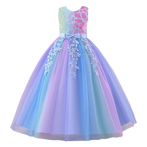 Goindgs Toddler Girls Princess Tutu Dress O-Neck With Rainbow Flower Girl Birthday Tutu Dress O-Neck for Stage Performance & Christening Comfort Wear Z10-Blue 7-8 T