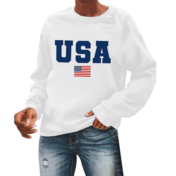 Goindgs USA Letter Print Sweatshirt for Women Oversized Trendy Comfy Crewneck Sweatshirts Casual Graphic Pullover Tops Unisex Z1-White S