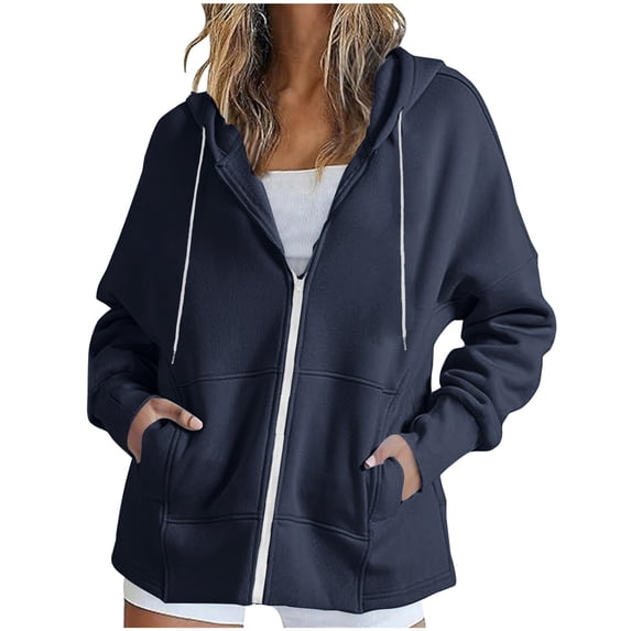 Goindgs Women Autumn Winter Casual Fashion Solid Color Zipper Hooded Jacket Drawstring Pocket Zipper Sports Jacket Coat Z1-Navy M