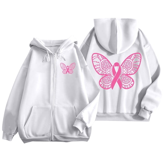 Goindgs Women Hoodies Oversized Comfy Casual Zip Up and Drawstring Butterfly Breast Cancer Awareness Printed Pullover with Pocket Winter Jackets Pullover Tops White-3XL