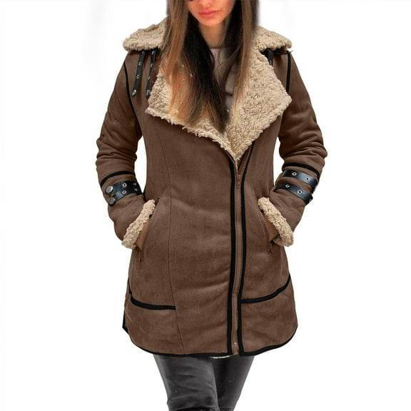 Goindgs Women’S Puffer Jacket Coat Winter Lapel Long Sleeve Padded Leather Thicken Sheepskin Warm Zipper Jacket Casual Outerwear Coat Khaki-M