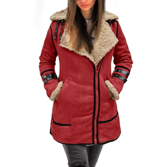 Goindgs Women’S Puffer Jacket Coat Winter Lapel Long Sleeve Padded Leather Thicken Sheepskin Warm Zipper Jacket Casual Outerwear Coat Red-S