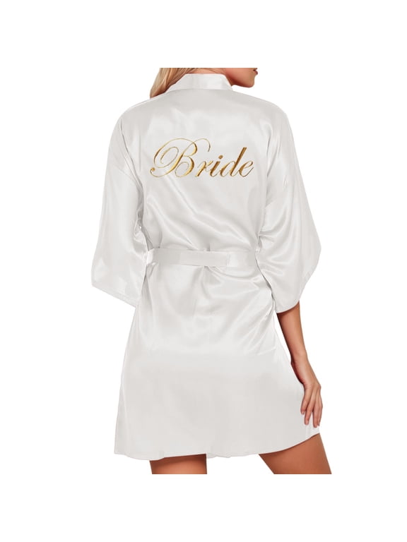 Women's Bride Bridesmaid Robes with Embroidery Silky Satin Bathrobe for Women Wedding Party Sleepwear Kimono Robe White-M