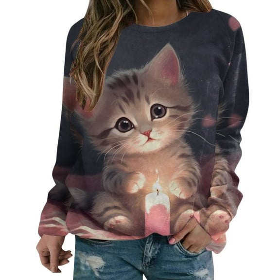 Goindgs Women's Cat Graphic Print Hoodless Loose Drawstring Sweatshirt Casual Sweaters Funny Long Sleeve Winter Oversized Pullover Tops Z2-Dark Gray XXL