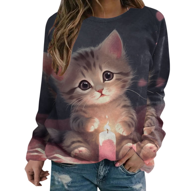 Cartoon Cats Print Crew Neck T Shirt Casual Long Sleeve Top - New