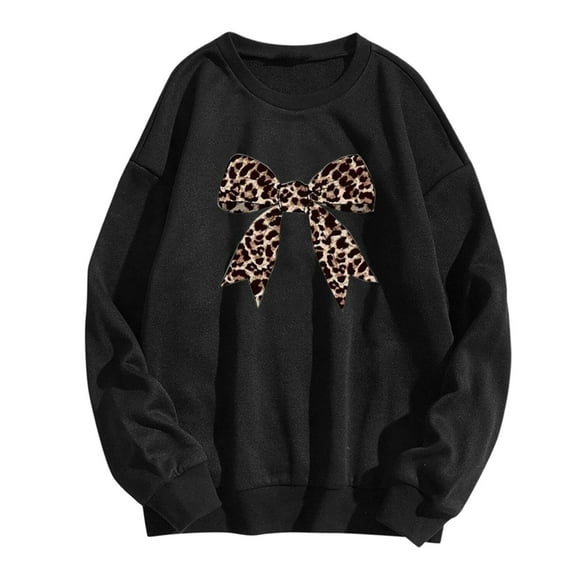 Goindgs Women's Crewneck Sweatshirt Oversized Leopard Bow Print Pullover Tops Cute Heart Graphic Shirts Long Sleeve Drop Shoulder Hoodless for Womens Z10-Black S