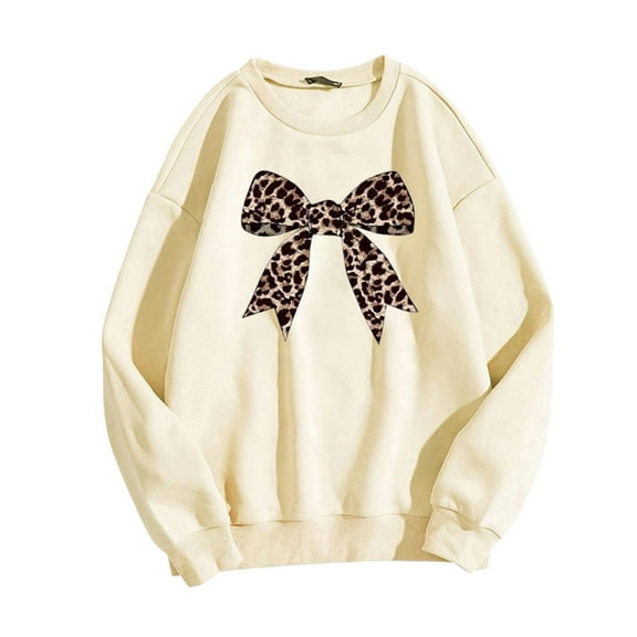 Goindgs Women's Crewneck Sweatshirt Oversized Leopard Bow Print Pullover Tops Cute Heart Graphic Shirts Long Sleeve Drop Shoulder Hoodless for Womens Z13-Light Yellow S