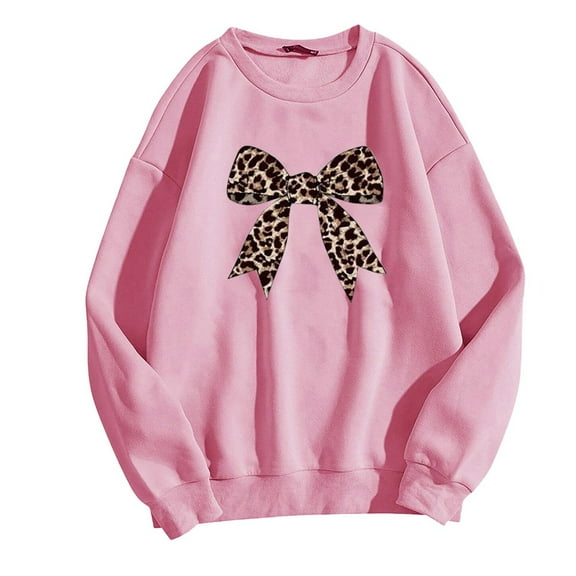 Goindgs Women's Crewneck Sweatshirt Oversized Leopard Bow Print Pullover Tops Cute Heart Graphic Shirts Long Sleeve Drop Shoulder Hoodless for Womens Z15-Pink S