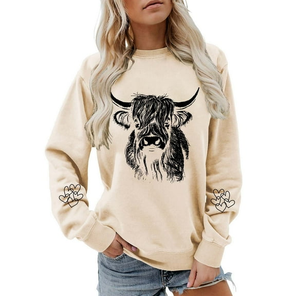 Goindgs Women's Fashion Hoodies Sweatshirts Western Cow Print Long Sleeve Fall Winter Warm Hoodies Relaxed Slouchy Womens Sweatshirt A-Beige XL