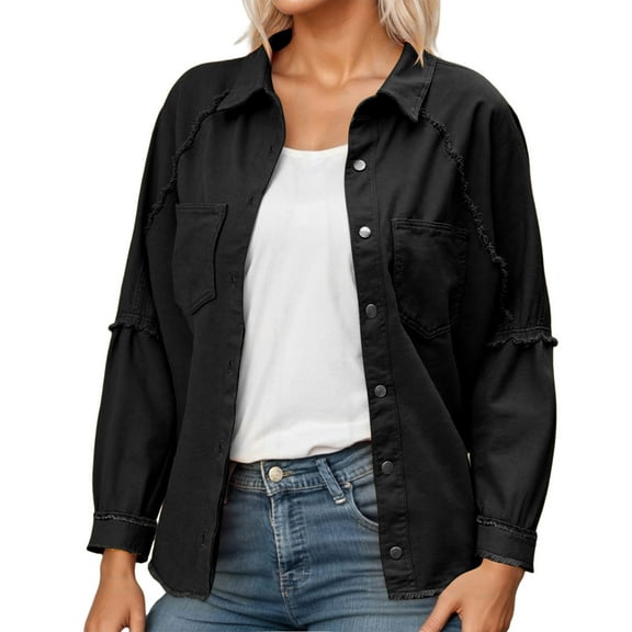 Goindgs Women's Jacket Shacket Casual Autumn and Winter Long Sleeve Solid Color Lapel Loose Denim Shirt Cowboy Jackets Tops Shirts Trendy 2025 Black-L