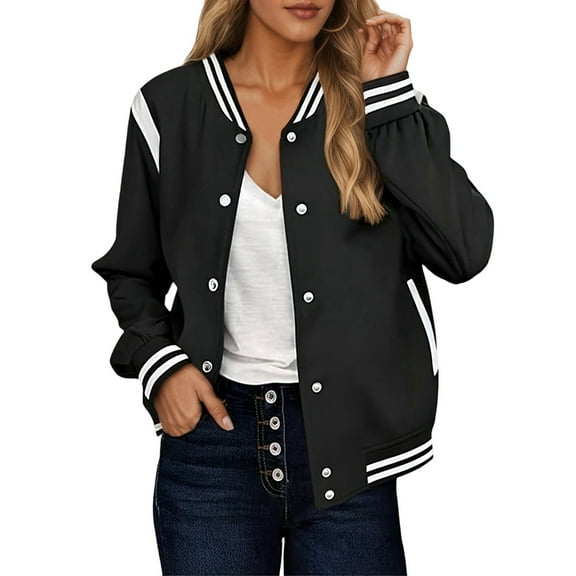 Goindgs Women's Jacket Shacket Casual Thicken Hoodless Baseball Button Down Long Sleeve Loose with Pockets Jacket Fashion Jackets Black-XXL