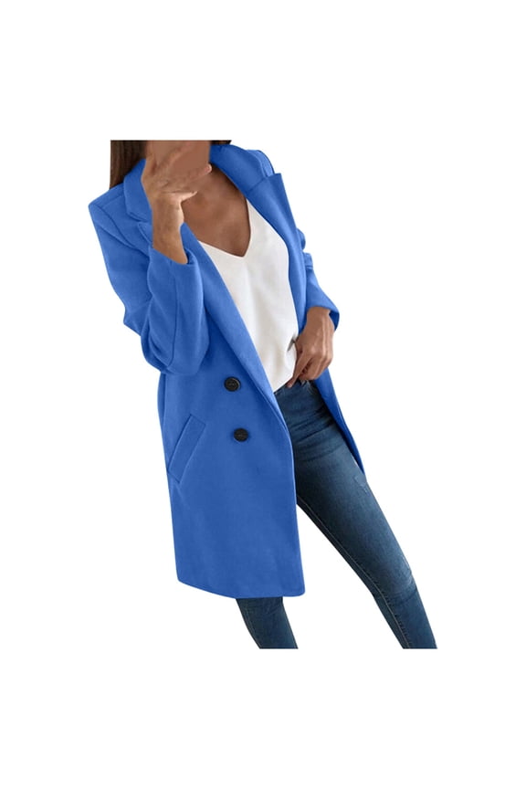 Women's Winter Coat Jacket Suit Long Warm Solid Color Buttons Collar Slim Fit Windbreaker Fall Outerwear Long Coat Blue-XXL