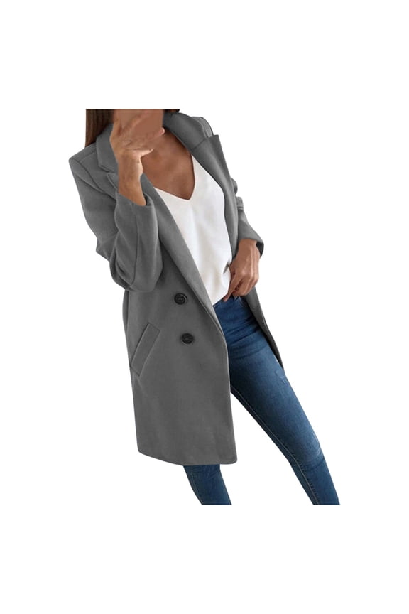 Women's Winter Coat Jacket Suit Long Warm Solid Color Buttons Collar Slim Fit Windbreaker Fall Outerwear Long Coat Grey-XL