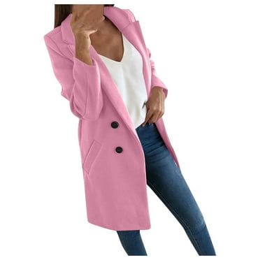 Goindgs Women's Winter Coat Jacket Suit Long Warm Solid Color Buttons Collar Slim Fit Windbreaker Fall Outerwear Long Coat Pink-L