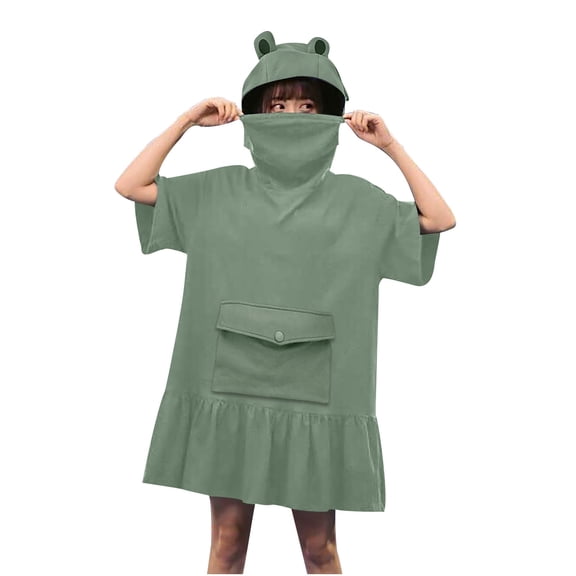 Goindgs Womens Hoodies Dresses Girls Zipper Mouth Hooded Short Sleeve Dress Loose Cute Solid Sweatshirts with Large Pockets Womens Tops Pullover Z1-Green XL