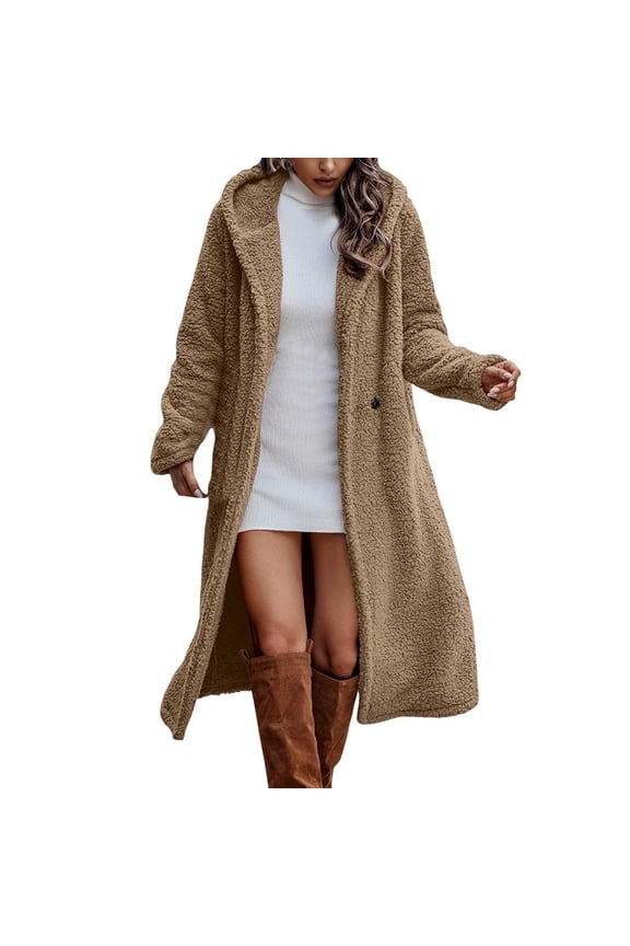 Womens Jacket Casual Coat Winter Long Sleeve Solid Color Warm Thick Hooded Cardigan with Pockets Jacket Outerwear Coat Bronze-XL